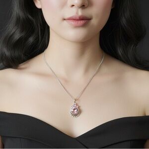 Silver finish necklace faceted pendant, large&small pink cubic zirconia stones 💕